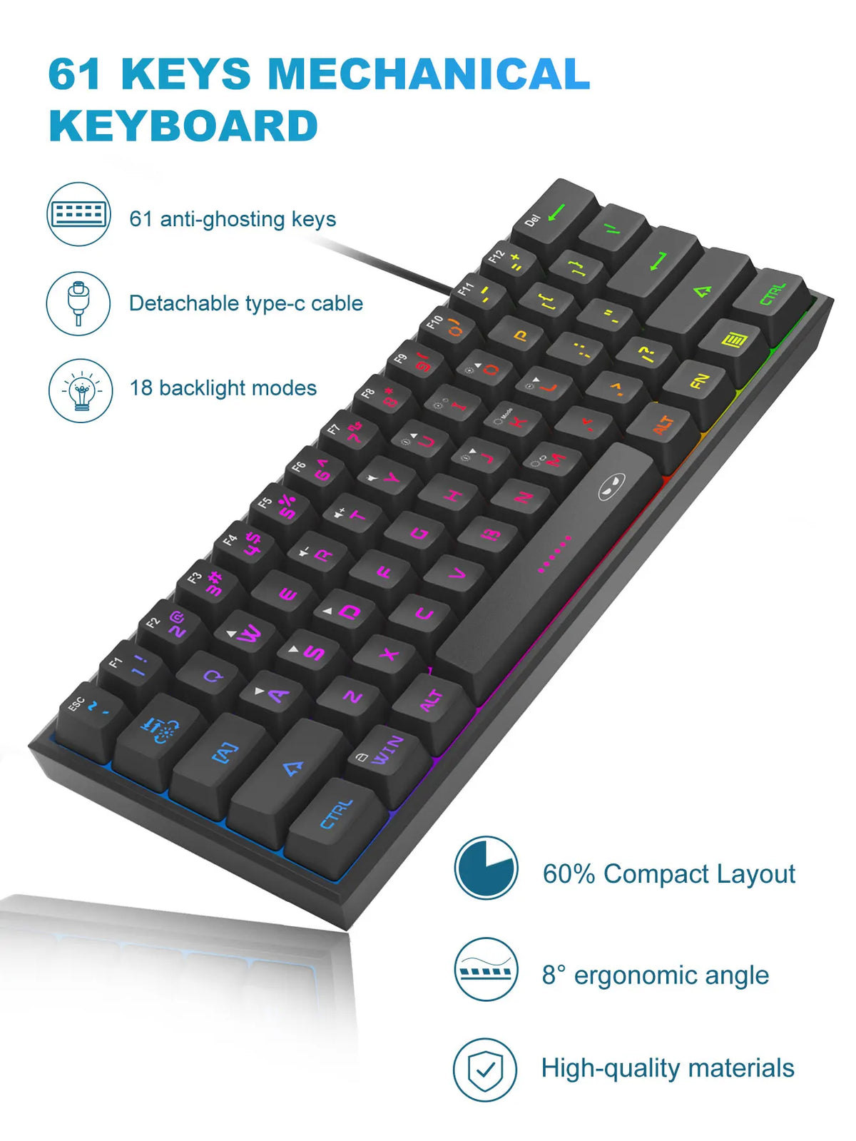 MageGee Mini 60% Compact Gaming Keyboard — RGB, 61 Keys