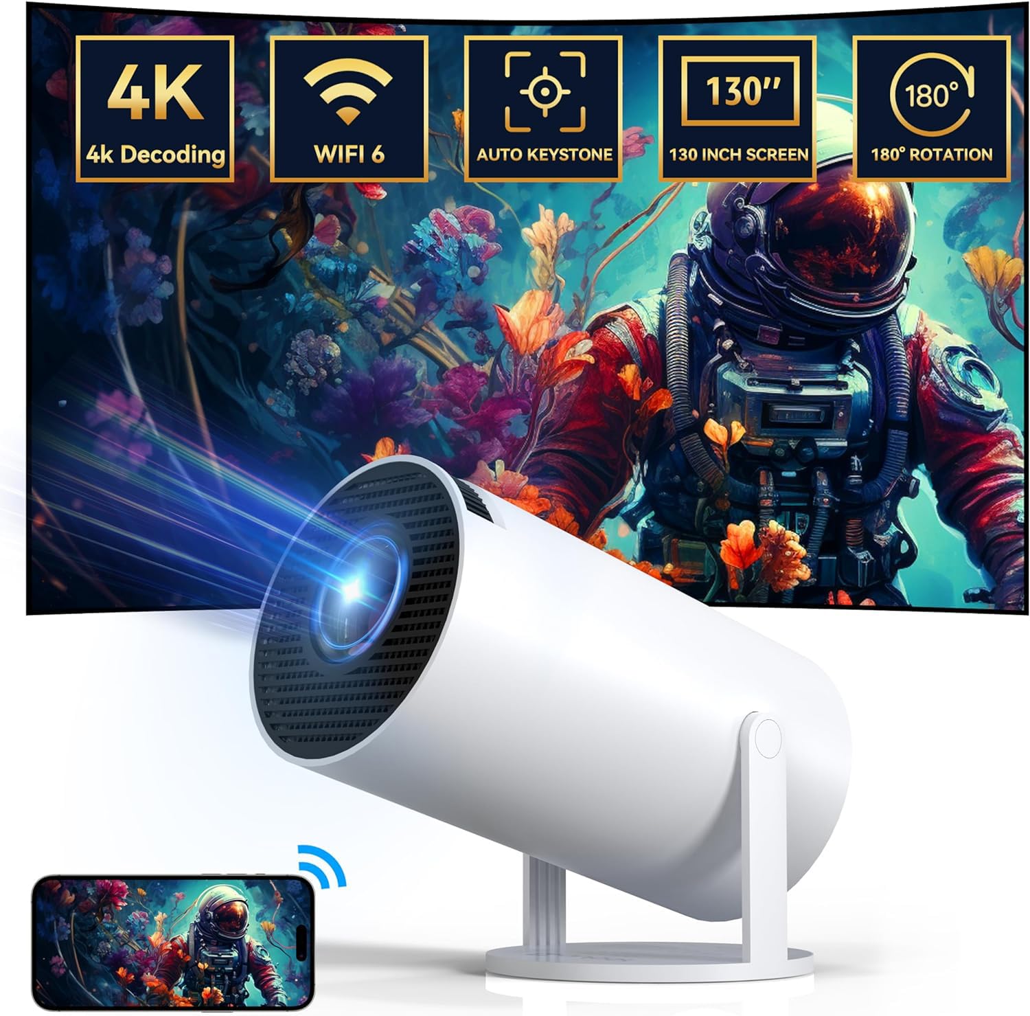 Alvar 4K Mini Projector — Portable, 180° Rotation