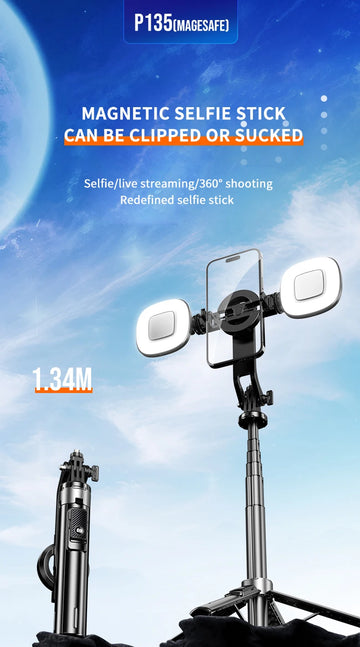 P135MAX Magnetic Selfie Stick Tripod with Wireless Remote Extendable Cell Phone Tripod Stand Compatible with MagSafe IPhone