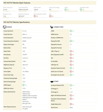 KTC H27T27 27inch QHD 100Hz Gaming Monitor 2560x1440 IPS Fast Panel Screen 16:9 ELED 1ms GTG Response Time 99% sRGB HDR10
