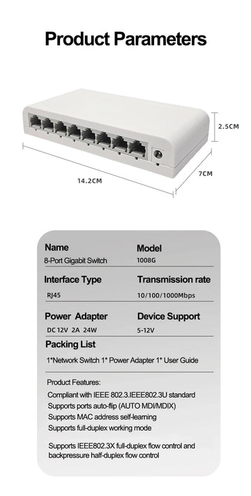 5/8 Ports Ethernet Switch 10/100/1000Mbps Desktop Gigabit Network Switch Adapter RJ45 Ethernet Switch Auto MDI/MDIX Fast Switch