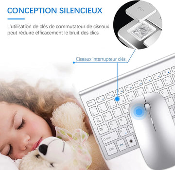 AZERTY French Layout 2.4G Mouse Keyboard Ultra-Slim Wireless Keyboard and Mouse Set Silent Compact for PC Laptop Windows