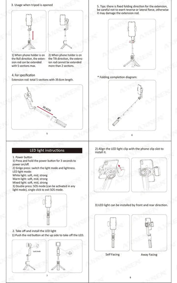 AXNEN A10 Smartphone Handheld Gimbal with Fill Light Extension Rod Remote,Cellphone Video Record Stabilizer for iPhone Android