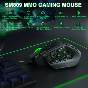 SOLAKAKA SM809 Wired Gaming Mouse 16 Side Buttons 22800 DPI Programmable Macro MMO Mouse Gamer PAW3311 Honeycomb Ergonomic RGB