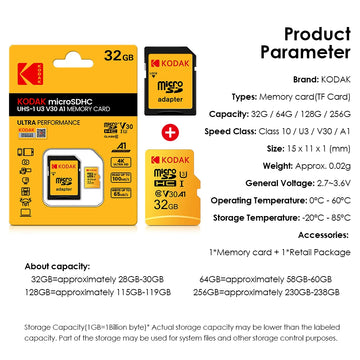 Original Kodak U3 A1 V30 MicroSD 128GB 32GB 64GB 256GB Class 10 Cards 32 64 128 256 GB Video Phone Memory Card