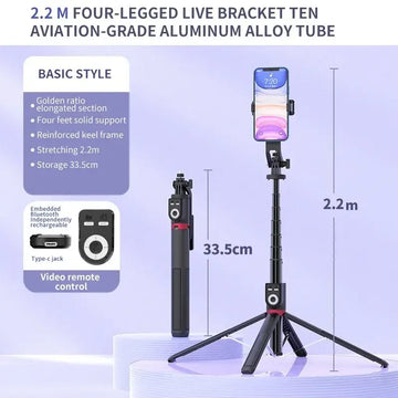 P225TK Selfie Stick Tripod 220CM Mobile Phone Tripod with Wireless Bluetooth Remote Control Retractable Aluminum Alloy Bracket