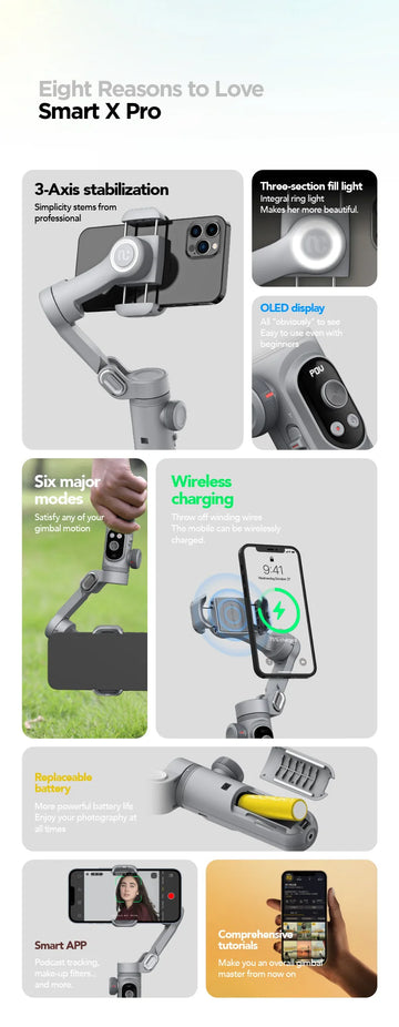 Handheld Gimbal Stabilizer 3-Axis Smart X Pro Professional for Smartphone Wireless Charging OLED Display LED Light Focus Wheel