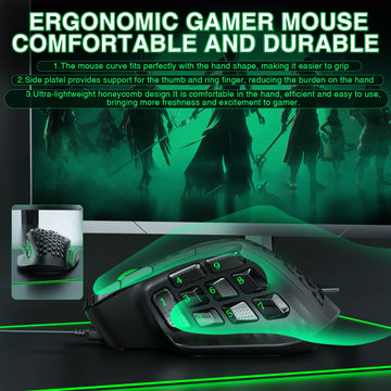 SOLAKAKA SM809 Wired Gaming Mouse 16 Side Buttons 22800 DPI Programmable Macro MMO Mouse Gamer PAW3311 Honeycomb Ergonomic RGB