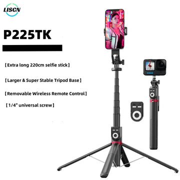 P225TK Selfie Stick Tripod 220CM Mobile Phone Tripod with Wireless Bluetooth Remote Control Retractable Aluminum Alloy Bracket