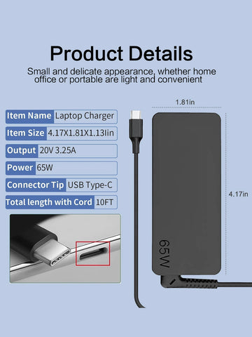 Reletech 65W USB C Laptop Charger Power Adapter for Lenovo ThinkPad,Hp,Chromebook,Yoga,Dell, ASUS,Acer Type C Fast Power Adapter