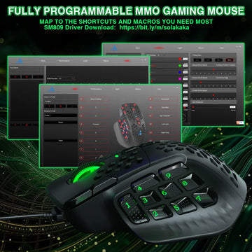 SOLAKAKA SM809 Wired Gaming Mouse 16 Side Buttons 22800 DPI Programmable Macro MMO Mouse Gamer PAW3311 Honeycomb Ergonomic RGB