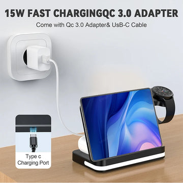 Wireless Charger Stand For iPhone 15 14 Samsung S23 S22 Ultra Fold Z Flip Galaxy Watch Active Buds Fast Charging Station Holder