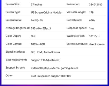 Anmite 27" IPS 4K Monitor Ps4 LCD Computer Game High color gamut screen suitable for graphic designers